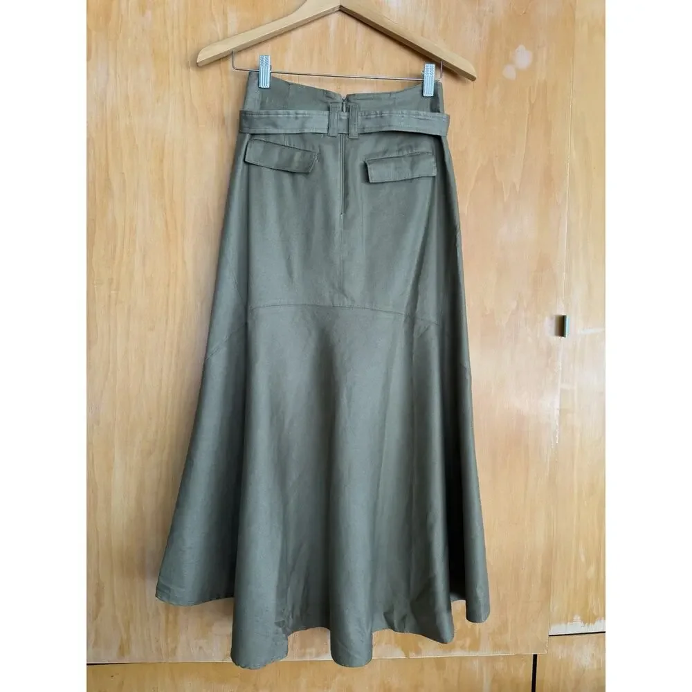A.L.C. Green Linen Midi Skirt Size 2 Tie Belt